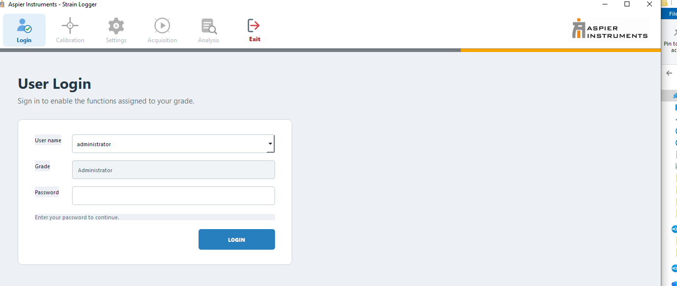 Strain Logger user login screen