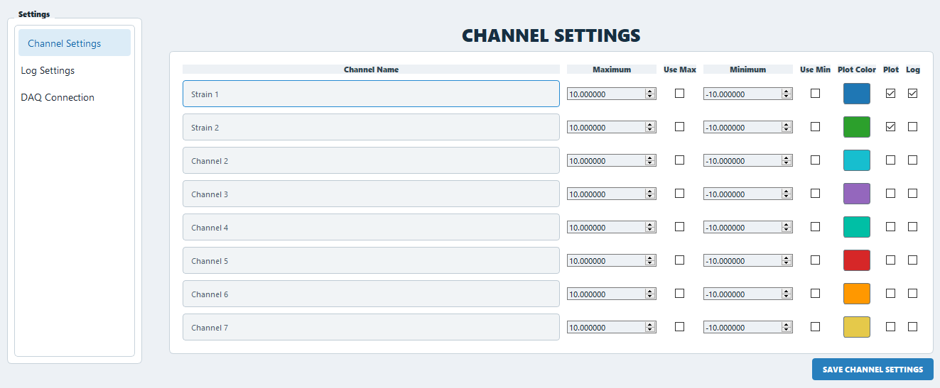 Strain Logger channel settings screen